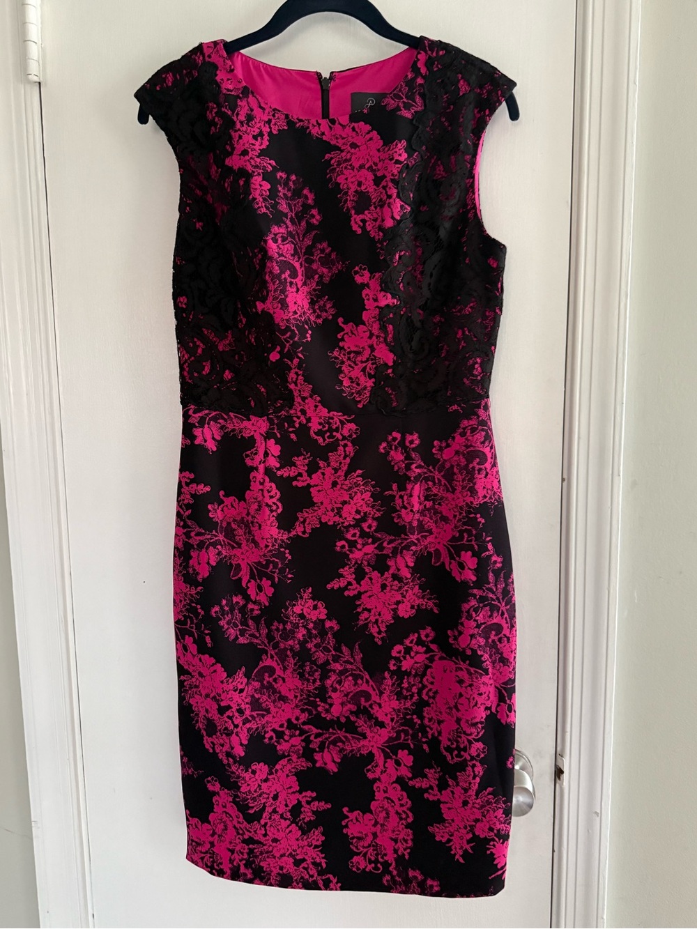 Adrianna Papell Black Pink Floral Lace Sheath Wedding Guest Dress Size 4 0021